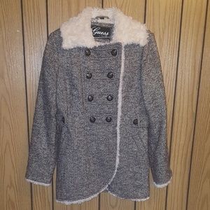 Guess Gray Fur trim Tweed winter coat (M)